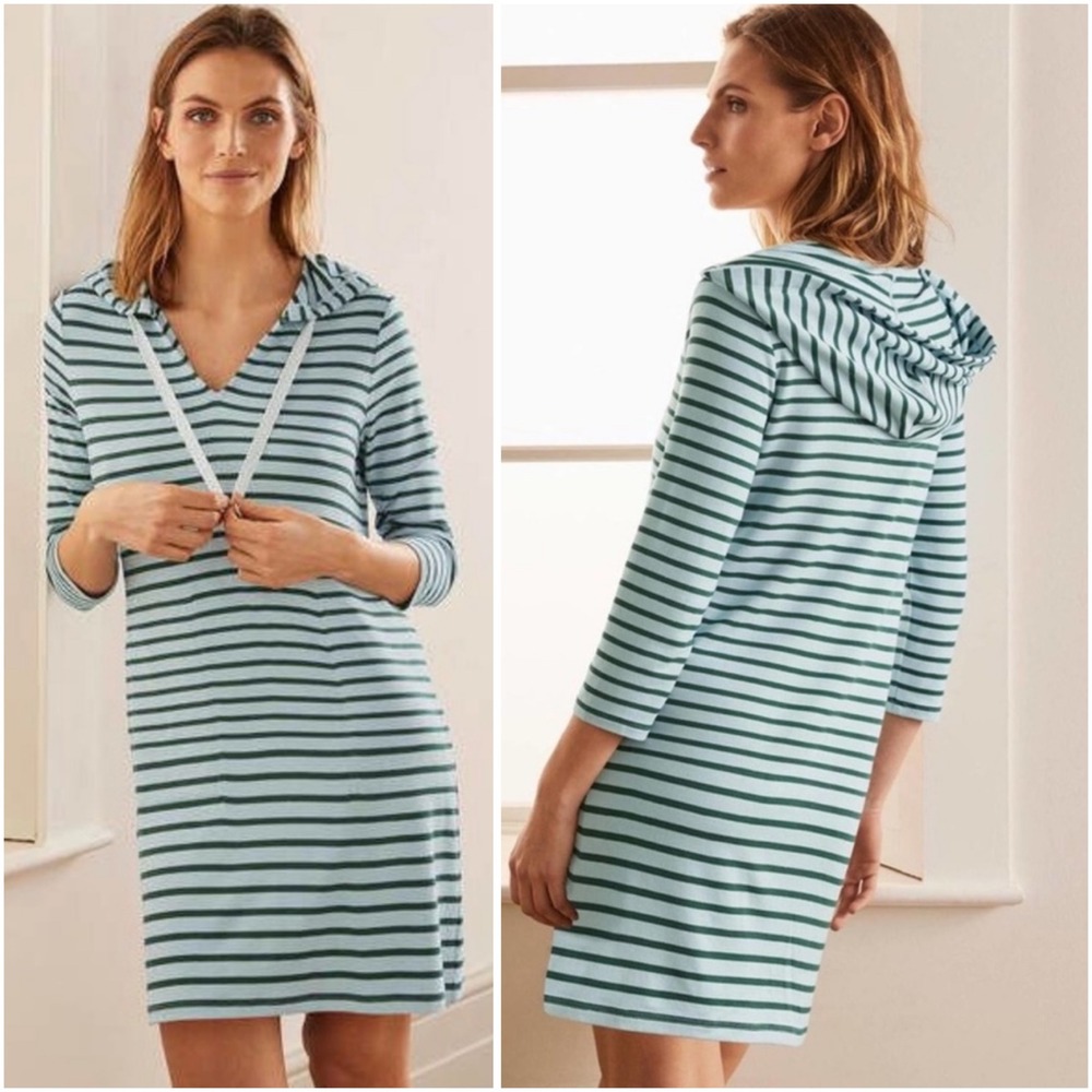 Boden Imelda Hooded Jersey Tunic Dress US 10 Blue Green Stripe Casual Pockets